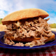 Piled high pork sandwich on blue plate atop a red checkered tablecloth, with a background of fields and blue skies